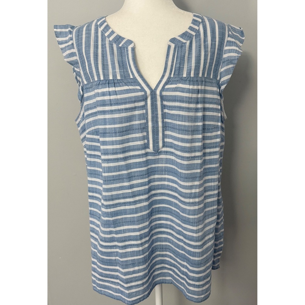 Talbots Women's Striped Top‎ 1X Blue White Flutter  Sleeves V-Neck Casual Blouse